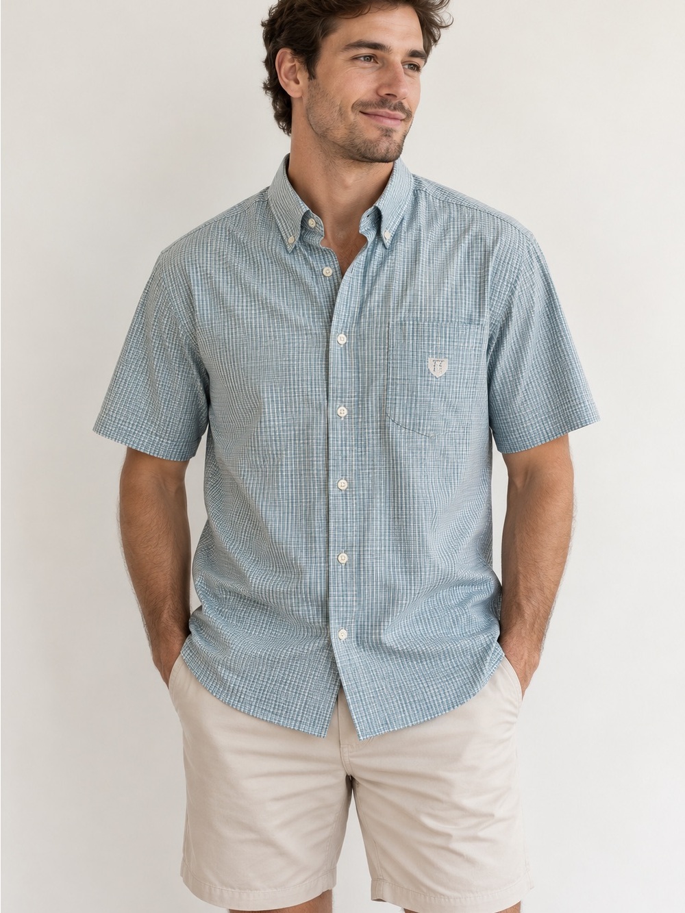 Chaps Easy Care Blue White Plaid Button Down Short Sleeve Shirt Men's Size XXL
